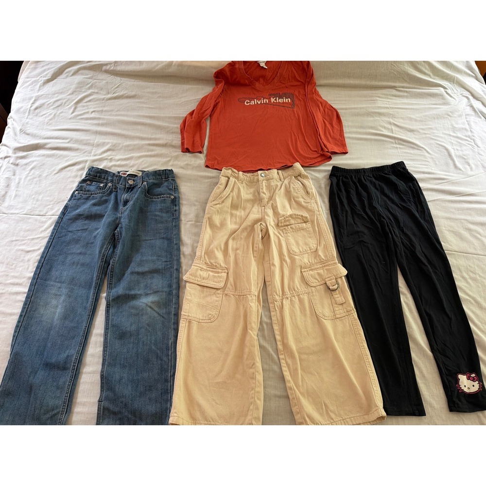 Girls Clothing Lot Levi's 550 Jeans Wide Leg Cargo Hello Kitty Leggings CK Top